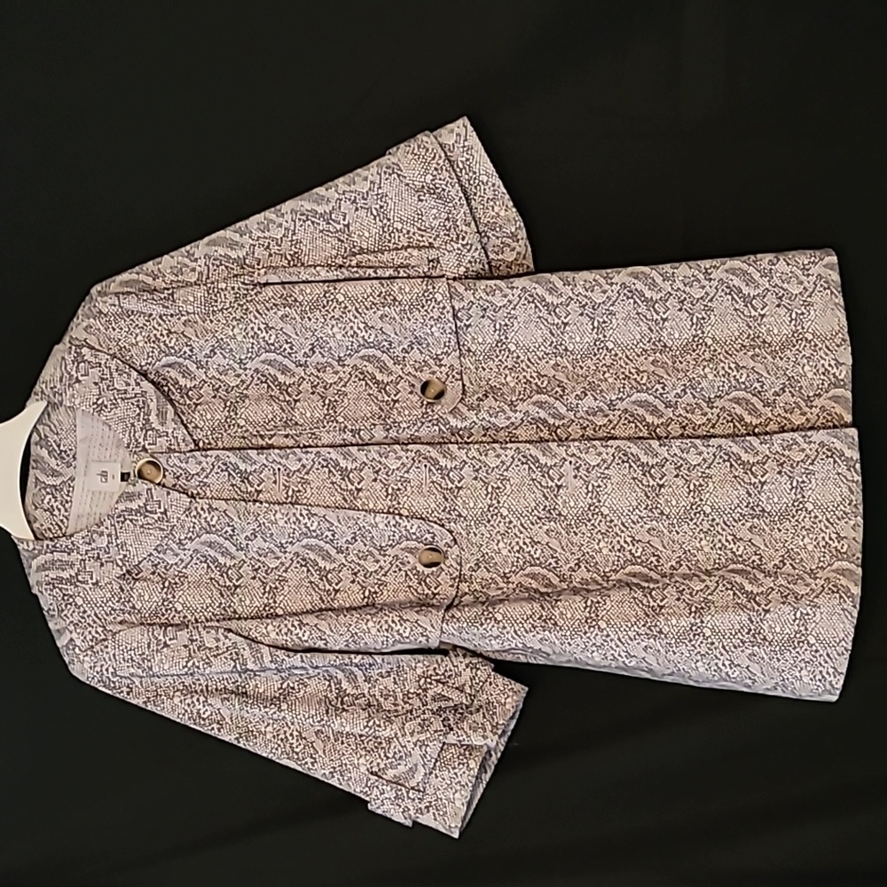 Cabi snake print trench style jacket in gray, beige and taupe.